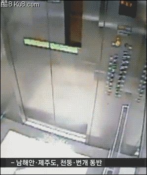 GIF动态图：电梯突然启动夹伤玩手机的小伙